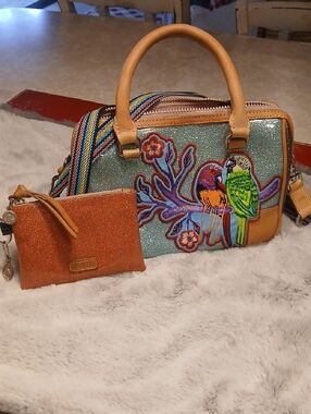 Consuela Teal Multi Parrot Embroidered Crossbody Bag with Orange Wristlet